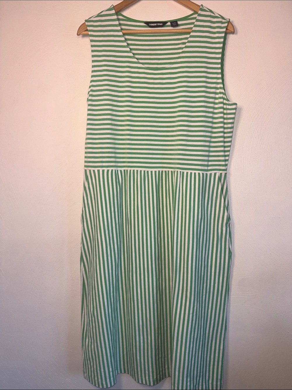 Lands' End Green and White Striped Sleeveless Midi Dress